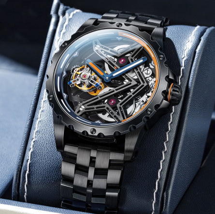 Luxury watch with intricate design on a blue cushion