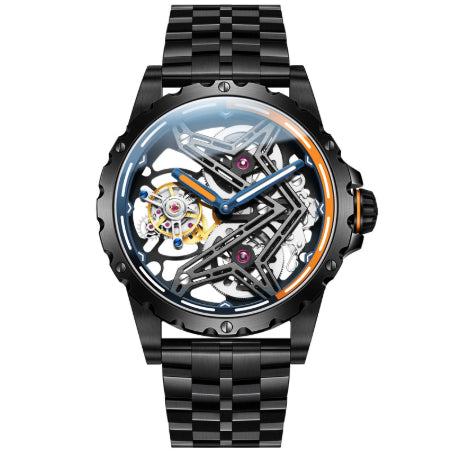 Black mechanical watch with transparent face on a white background