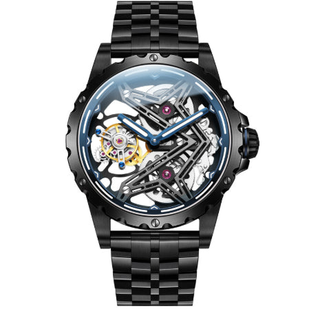 Black mechanical watch with transparent face on a white background