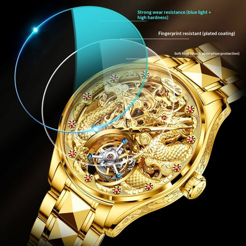 Golden Tourbillon watch dial detail — synthetic sapphire crystal and tourbillon complication